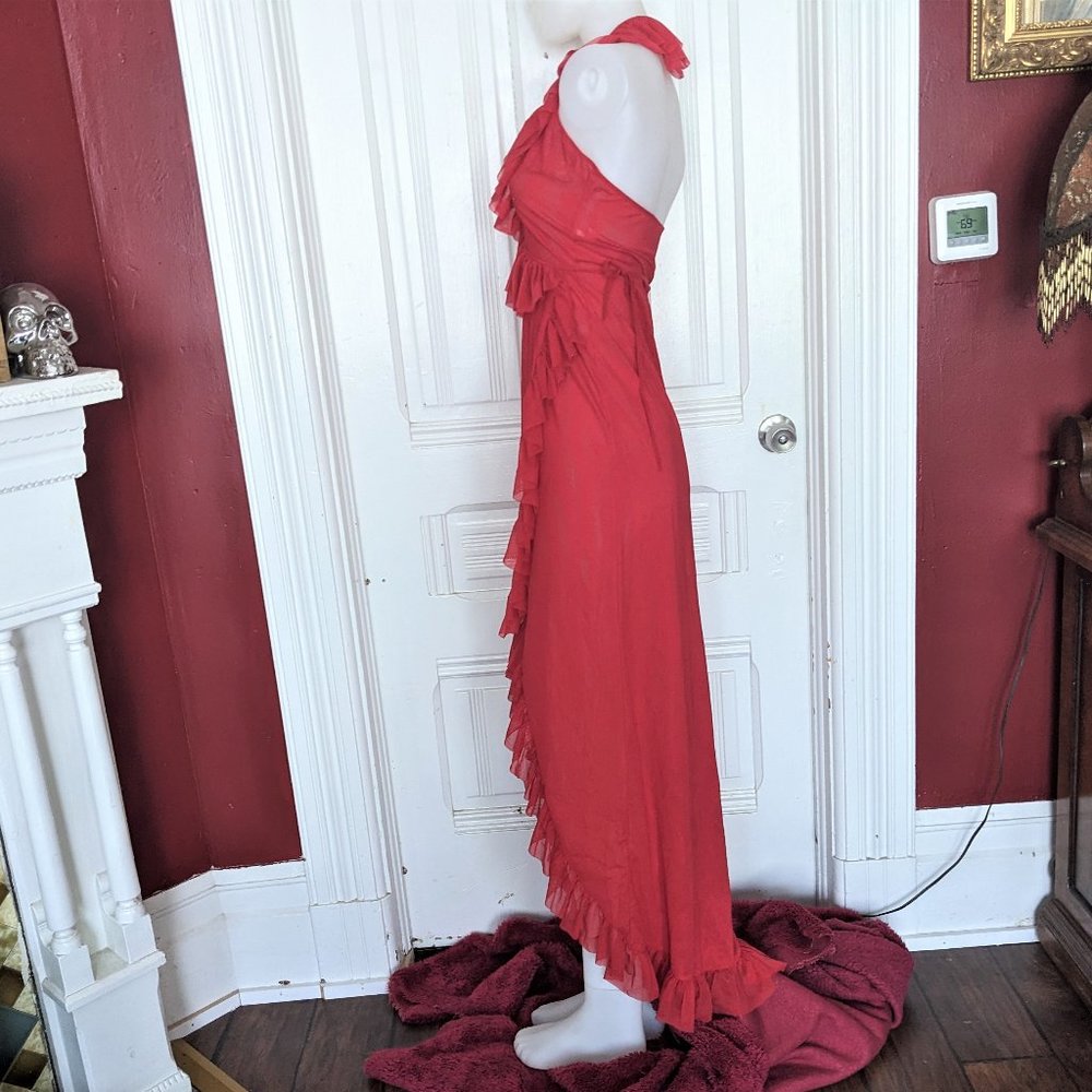 Forplay Red Mesh Ruffle Halter Gown - Picture 2 of 11